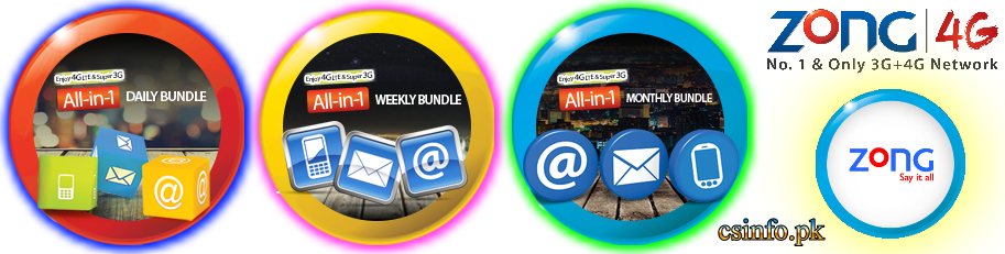 Zong All in One Bundles Daily, Weekly, Monthly 2G, 3G, 4G Internet Packages