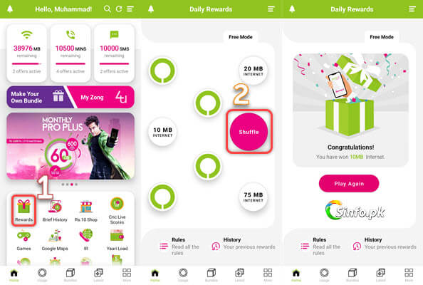 zong free internet code
